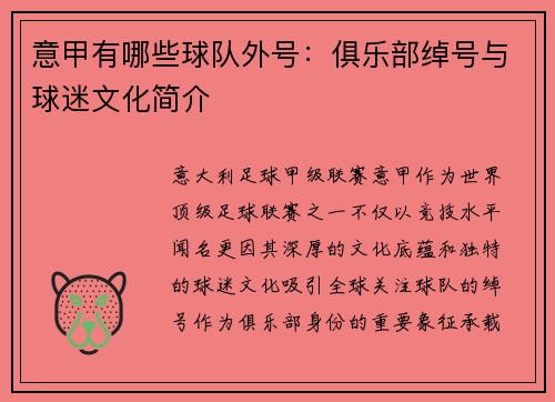 意甲有哪些球队外号：俱乐部绰号与球迷文化简介